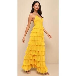 Lulus Radiant Event Yellow Mesh Tiered Ruffle Backless Dress Wedding Formal Med